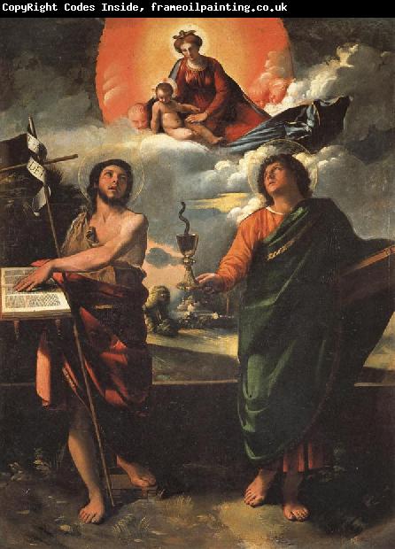 DOSSI, Dosso Madonna in Glory with SS.John the Baptist and john the Evangelist